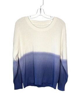Ombre Crewneck Sweater in White and Blue shaker knit cotton long sleeve Medium